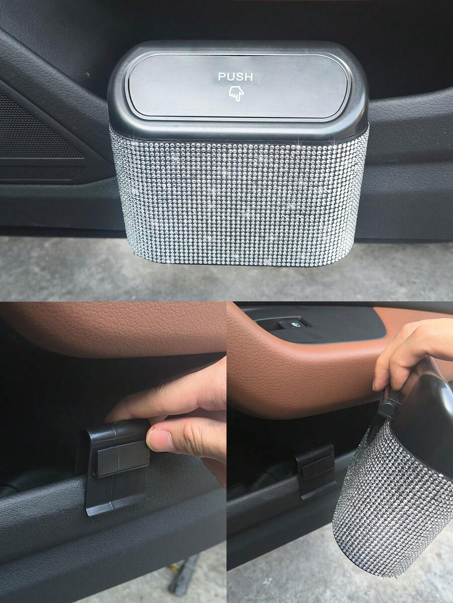 Black Car Trash Can With Rhinestone Design - Silver - View 1