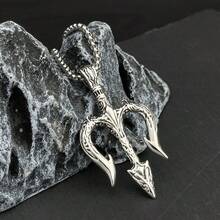 1入男士海神三叉戟項鍊,嘻哈風格時尚復古毛衣鏈,仿泰國純銀叉子 - 復古銀色 - 查看 2