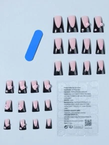 24入組XXL贴片甲，長款法式黑色，帶有3D花朵裝飾，可重複使用軟凝膠貼片甲，有12種尺寸，包含1支果凍膠和1個指甲文件，適用於女性和女孩的美甲