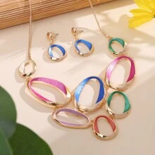 1條頸鍊和1對耳環,時尚創意鋅合金幾何圓形設計珠寶套裝,適用於女性、女孩、伴娘禮物 - 時尚 - 查看 15