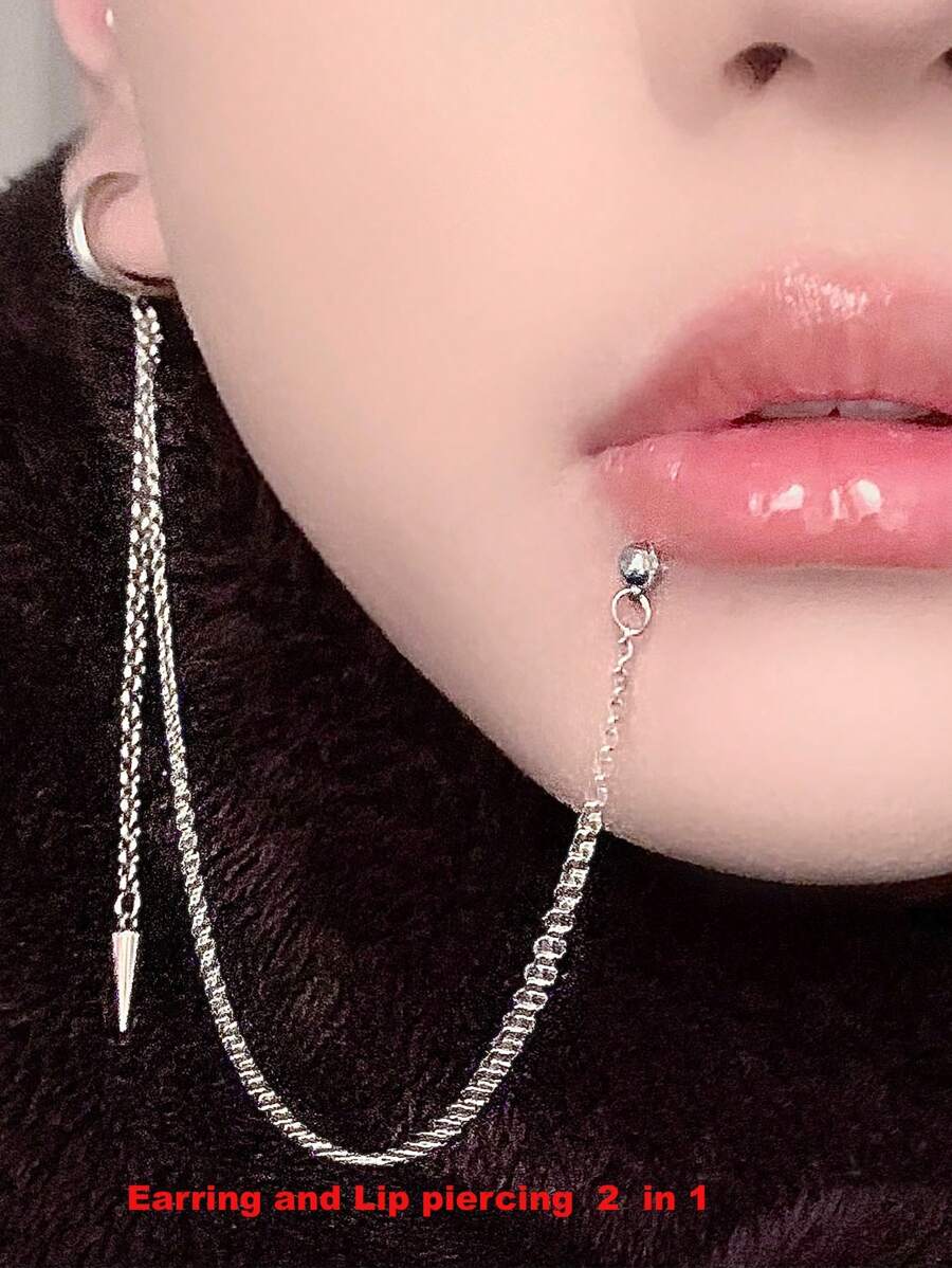1 件不锈钢耳圈链，带唇环耳环和唇钉，二合一 Makichi Okazaki 动漫身体穿孔首饰