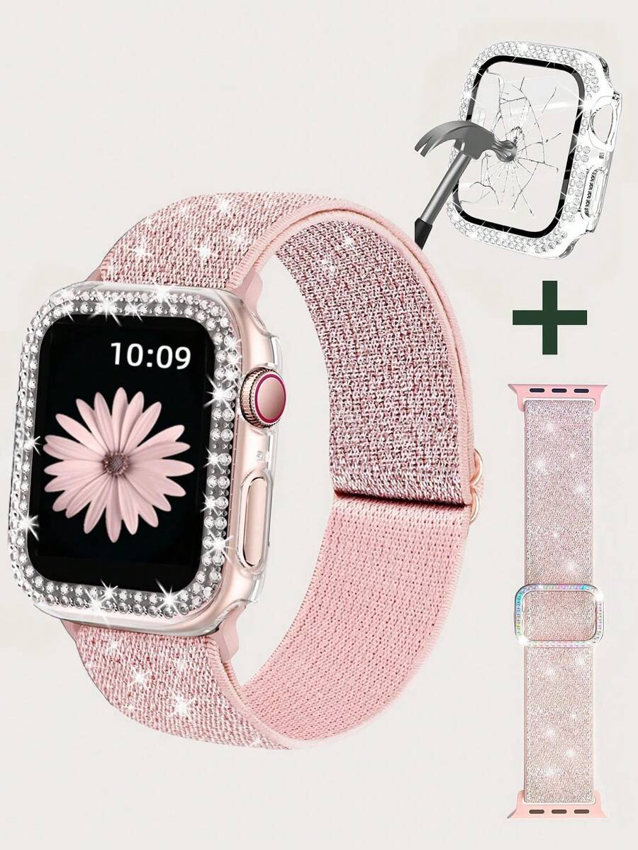 2 In 1 Glass Case Bling Stretchy Watch Bands Compatible With Apple Watch Band 40mm 41mm 42mm 44mm 45mm 46mm Compatible With IWatch Series 11 10 9 8 7 6 5 4 3 SE, Adjustable Nylon Wristband With Shiny Bling Diamond Rhinestone Cover Case For Women Girls