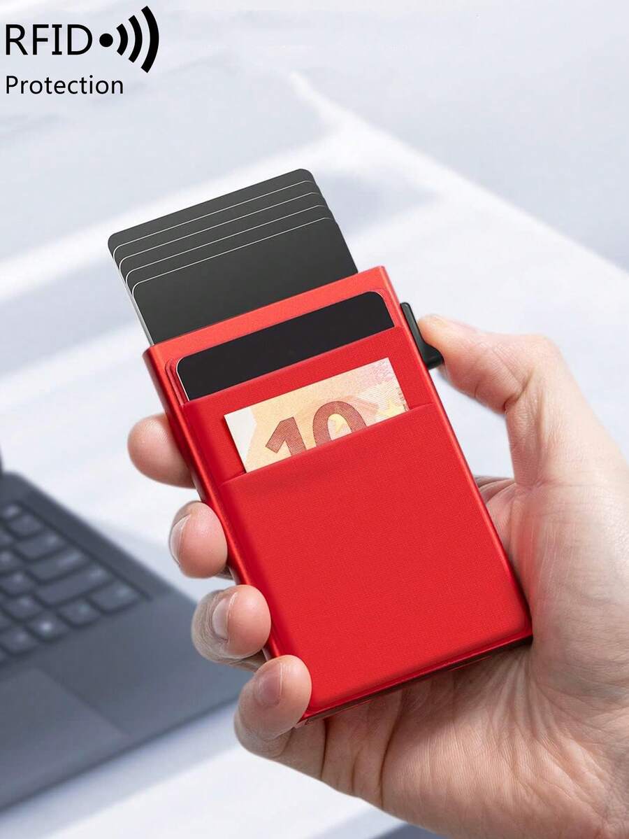男士超薄铝制 RFID 屏蔽钱包 - 简约纯色多功能男士钱包自动弹出式卡夹带钱袋金属卡盒可装信用卡/身份证/钱/现金，适合男士、爸爸、丈夫和男朋友的生日礼物，情人节、周年纪念日、父亲节（红色） - 紅色 - 查看 1