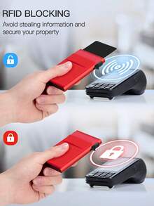 男士超薄铝制 RFID 屏蔽钱包 - 简约纯色多功能男士钱包自动弹出式卡夹带钱袋金属卡盒可装信用卡/身份证/钱/现金，适合男士、爸爸、丈夫和男朋友的生日礼物，情人节、周年纪念日、父亲节（红色） - 紅色 - 查看 4