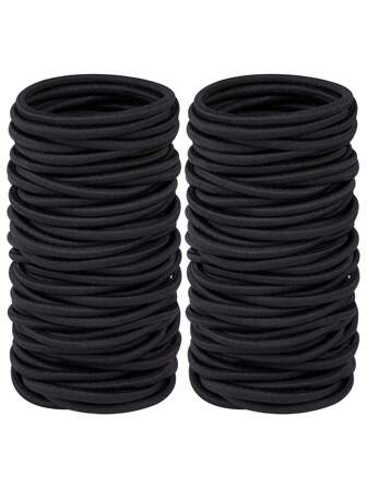 100pcs Women's Black Simple Hair Ties, Elastic Hair Bands For Thick And Curly Hair