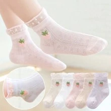 5pcs Spring/Summer Children Mesh Mid-Calf Socks, Thin And Breathable, Japanese Style Girls" Socks With Princess Lace Edge For Baby