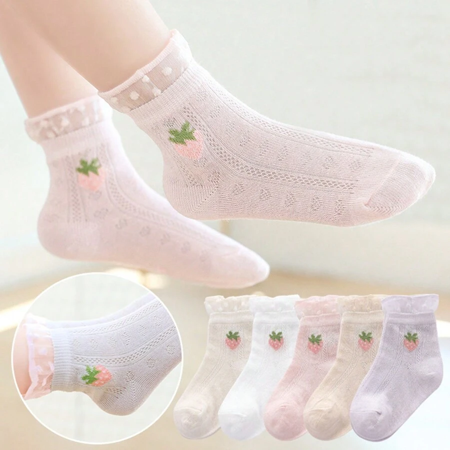 5pcs Spring/Summer Children Mesh Mid-Calf Socks, Thin And Breathable, Japanese Style Girls" Socks With Princess Lace Edge For Baby