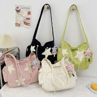 1piece Contrast Color Corduroy Shoulder Bag With Star Decorations, Large Capacity Crossbody Bag With Anti-Theft Zipper, Suitable For Fashionable & Literary Youth As School Backpack, Gift For Festival Star Print Women Bag, Stars Hollow Women Bag