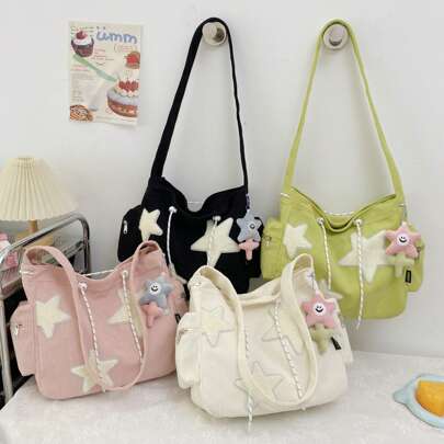 1pc Color Block Corduroy Star Decor Shoulder Bag, Fashion Casual Large Capacity Corduroy Crossbody Bag With Zipper, Anti-Theft Student Backpack, Holiday Gift