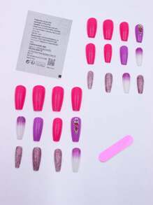 24 件裝優雅閃亮粉色梯形鑲鑽耐磨假指甲,適合日常和特殊場合 - 粉色 - 查看 2