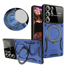 1pc Deep Sea Blue U Shield Protective Phone Case With Magnetic Car Mount And Ring Kickstand Three In One, Compatible With Samsung Galaxy And Apple Iphone Series - Blue - View 2