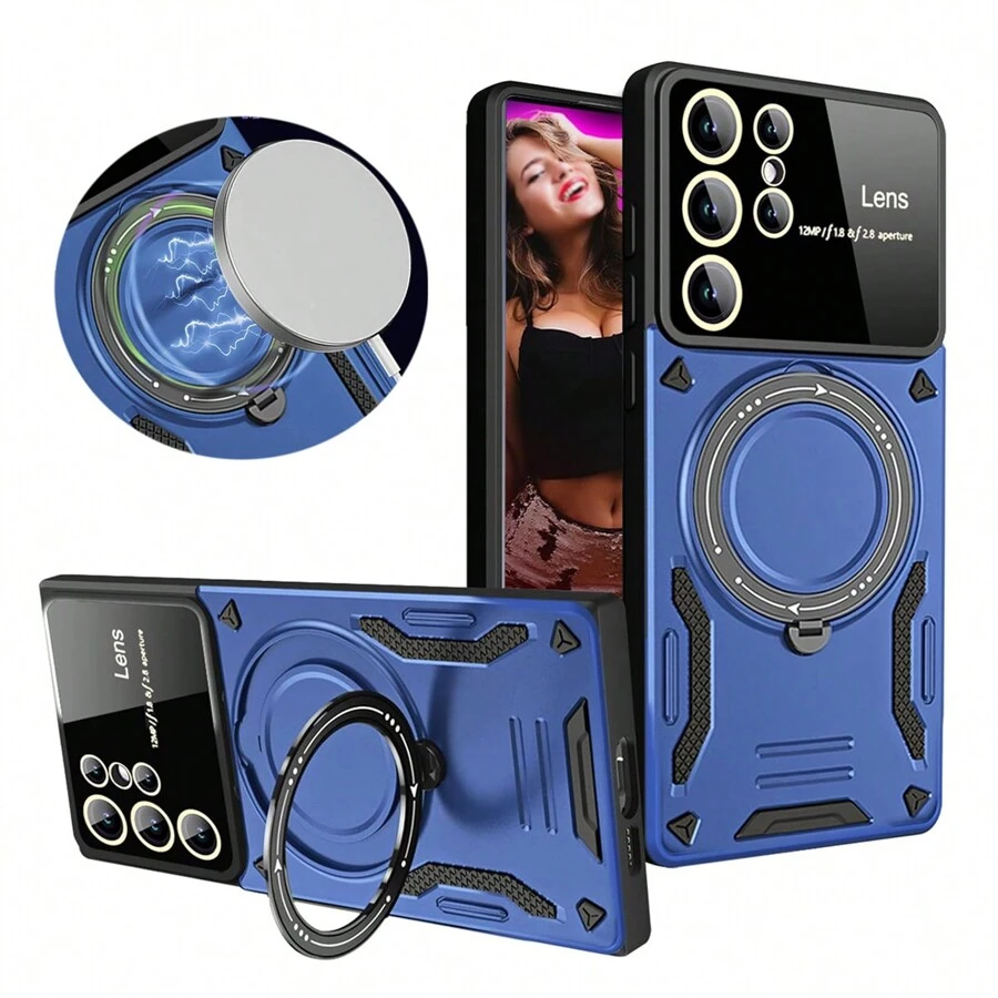 1pc Deep Sea Blue U Shield Protective Phone Case With Magnetic Car Mount And Ring Kickstand Three In One, Compatible With Samsung Galaxy And Apple Iphone Series