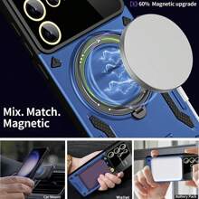 1pc Deep Sea Blue U Shield Protective Phone Case With Magnetic Car Mount And Ring Kickstand Three In One, Compatible With Samsung Galaxy And Apple Iphone Series - Blue - View 4