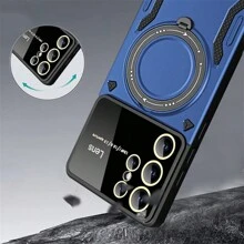 1pc Deep Sea Blue U Shield Protective Phone Case With Magnetic Car Mount And Ring Kickstand Three In One, Compatible With Samsung Galaxy And Apple Iphone Series - Blue - View 7