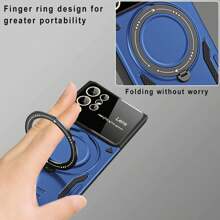 1pc Deep Sea Blue U Shield Protective Phone Case With Magnetic Car Mount And Ring Kickstand Three In One, Compatible With Samsung Galaxy And Apple Iphone Series - Blue - View 6