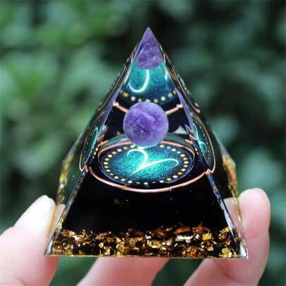 Resin Craft Pyramid Decoration With Crystal Gravel And Purple Crystal Ball In 12 Zodiac Sign Design For Home And Office