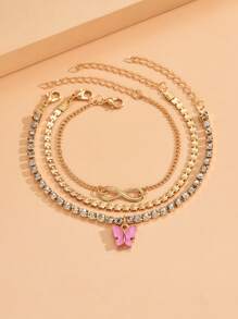 3pcs/Set Minimalist Butterfly Pendant Anklet For Women, Suitable For Daily Wear And Vacation - Gold - View 2