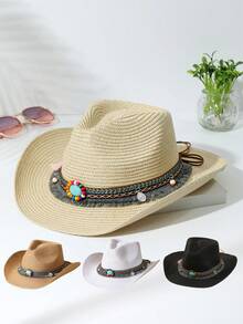 1個中性款流蘇貝殼裝飾波西米亞牛仔帽,帶遮陽罩草帽,適用於戶外活動 - 多色2 - 查看 6
