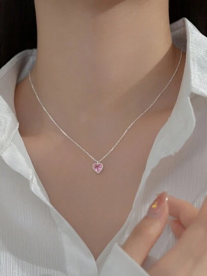 1 pieza Delicado collar de plata de ley S925 para mujer con decoración de rhinestones, cadena en forma de corazón para la clavícula, regalo perfecto para la novia en San Valentín