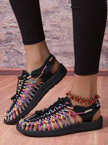 多色手工编织透气夏季凉鞋，时尚休闲步行鞋，女士露趾一脚蹬拖鞋，加大码沙滩鞋 - 彩色 - 查看 3