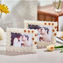 1 Pieza Marco De Foto Incrustado Con Perlas Y Diamantes Con Soporte, Marco De Foto Decorativo De Resina (forma Rectangular) - Blanco - Ver 2