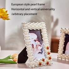 1 Pieza Marco De Foto Incrustado Con Perlas Y Diamantes Con Soporte, Marco De Foto Decorativo De Resina (forma Rectangular) - Blanco - Ver 3