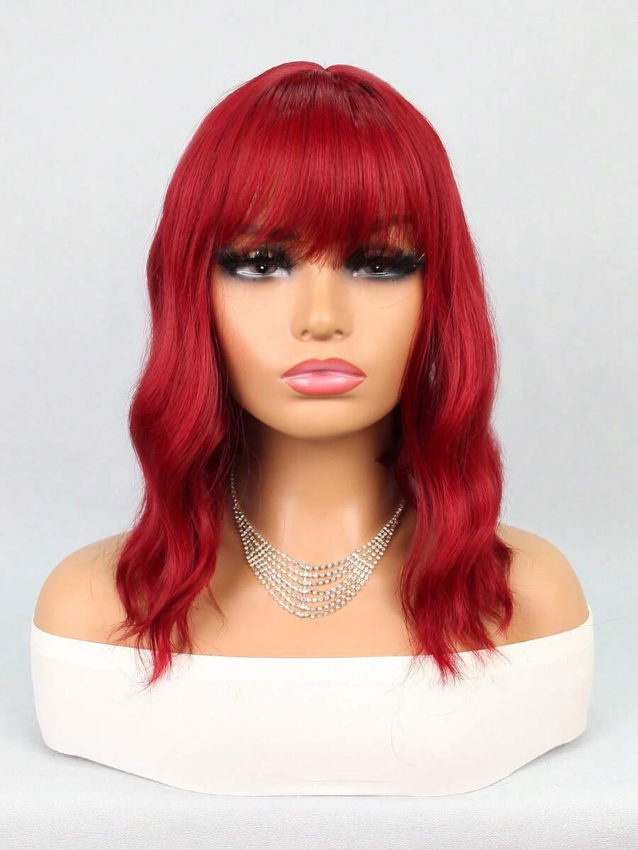 Synthetic Heat Resistant Wigs Bob Curly Wave With BangFull Machine Made