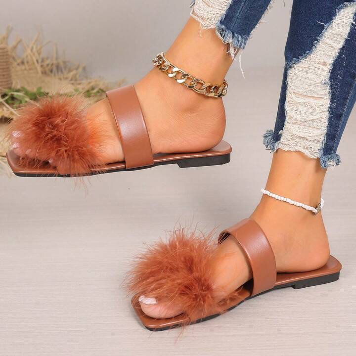 Women s Flat Sandals Casual Square Toe Brown Multi Straps Furry Sandals SHEIN