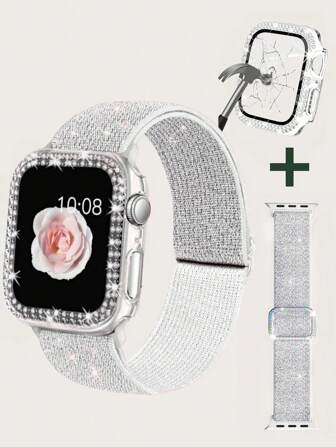 二合一玻璃表壳闪亮弹力表带，兼容 表带 40 毫米 41 毫米 42 毫米 44 毫米 45 毫米 46 毫米，兼容 系列 11 10 9 8 7 6 5 4 3 SE，可调节尼龙腕带，带闪亮钻石水钻保护壳，适合女士女孩