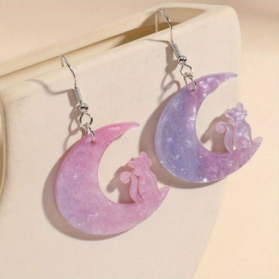 2pcs Gradient Color Moon Cat Design Dangle Earrings Cute Elegant Style Acrylic Jewelry For Girls - Purple - View 1