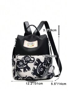 1 件旅行背包书包运动背包学校大容量便携式拉链适合返校通勤秋冬户外旅行时尚大象爱心图案尼龙材料适合大学生上班族女孩情人节礼物送给情侣日常使用 - 黑與白 - 查看 3