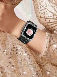 2 In 1 Glass Case Bling Stretchy Watch Bands Compatible With Apple Watch Band 40mm 41mm 42mm 44mm 45mm 46mm Compatible With IWatch Series 11 10 9 8 7 6 5 4 3 SE, Adjustable Nylon Wristband With Shiny Bling Diamond Rhinestone Cover Case For Women Girls