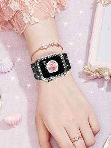 2 In 1 Glass Case Bling Stretchy Watch Bands Compatible With Apple Watch Band 40mm 41mm 42mm 44mm 45mm 46mm Compatible With IWatch Series 11 10 9 8 7 6 5 4 3 SE, Adjustable Nylon Wristband With Shiny Bling Diamond Rhinestone Cover Case For Women Girls