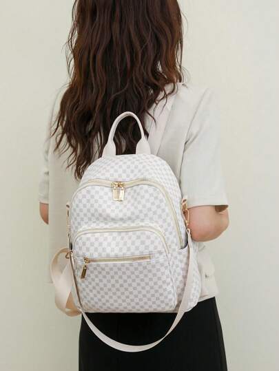 女士复古背包，时尚格子 PU 皮革学生单肩包，多功能旅行包