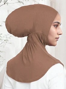1入女士純色頭套基礎帽，簡約百搭頭巾，高彈頸暖頭套，集成小帽 - 卡其色 - 查看 1