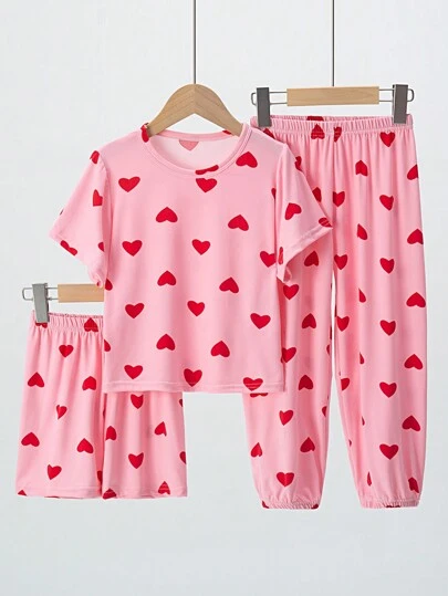 3pcs/Set Young Girl Short Sleeve T-Shirt, Shorts, And Long Pants With Heart Print