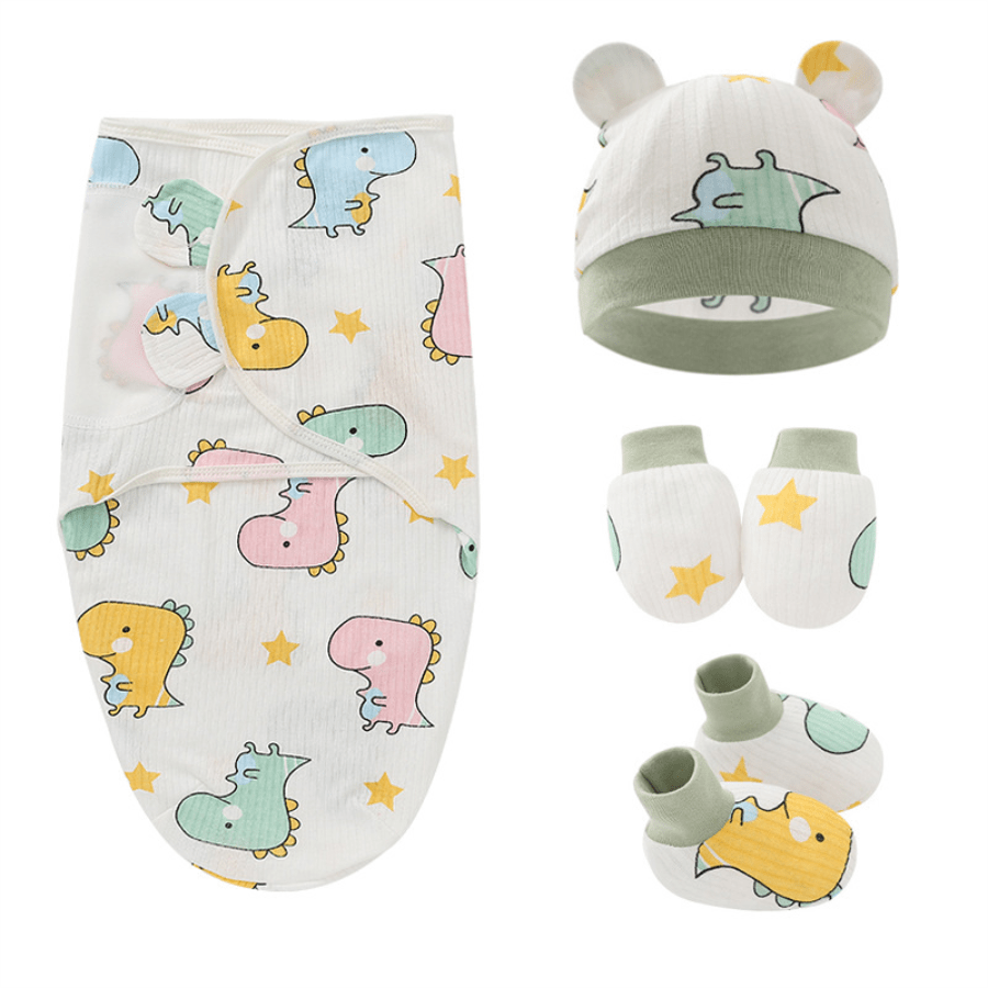 4pcs/1SET Newborn Baby Swaddle Blanket & Anti-Scratch Mittens & Foot Covers, Infant Hospital Wrap, Kicking Prevent Sleep Bag, Spring/Autumn, Cartoon Pattern Cute Socks & Hat & Anti-Scratch Gloves, Baby Shower Gift