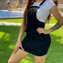 Bonita Overol Falda Mono Mezclilla mujer moda - Negro - Ver 2