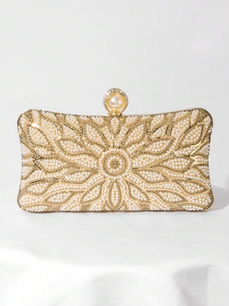 Evening Clutch Bag With Pearls Decoration, Elegant Purse For Women's Party, Wedding And Formal Event - Gold - View 6