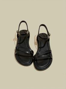 Women's Black Flat Open Toe Strap Sandals, Simple Minimalist Thin Strap Soft Bottom Beach One-Buckle Strap Sandals