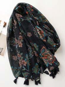 新款简约印花围巾，女士春夏多功能真丝披肩，时尚防晒披肩，沙滩披肩和头巾 - 藏蓝色 - 查看 6