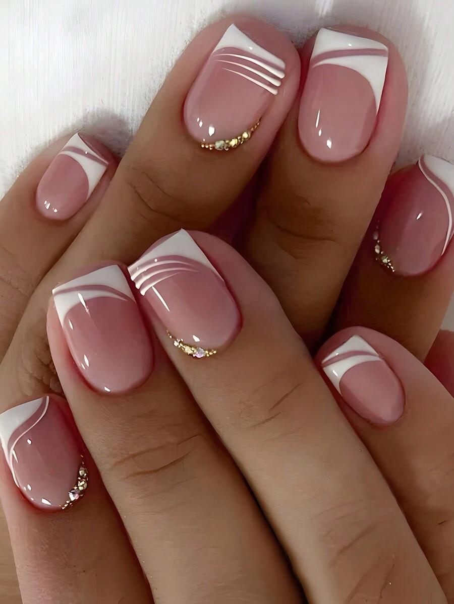 24入組短方形粉色時尚法式線條流金鑲鑽美甲套裝，可分離式貼片，適用於節日、派對、約會和日常佩戴，讓您更具迷人氣質，裝飾您的指甲 - 粉色 - 查看 1