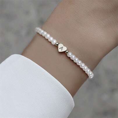 New Classic A-Z Heart Letter Bracelet, Women's Handmade Faux Pearl Beaded Bracelet, Women's Jewelry Gift For Valentine's Day, Mother's Day