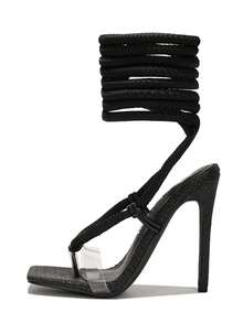 Rebeccalyn Women's Strappy Clear PVC Square Toe Heels - Black - View 6