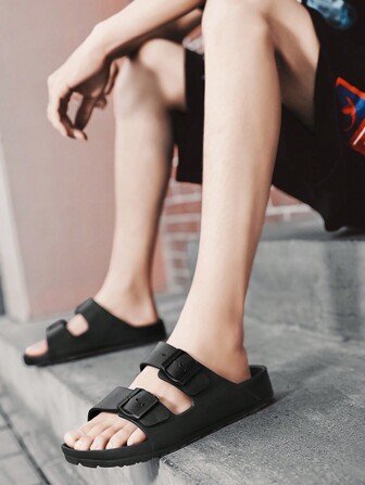 Chinelo Preto De Salto Plano Com Biqueira Redonda Simples, Impermeável, Resistente Ao Desgaste E Antiderrapante Para Homem