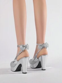 銀色18歲生日禮物女士高跟水晶公主鞋,適用於學生、鋼琴表演、時裝秀、正式晚會、高平台圓頭女鞋 - 銀色 - 查看 7