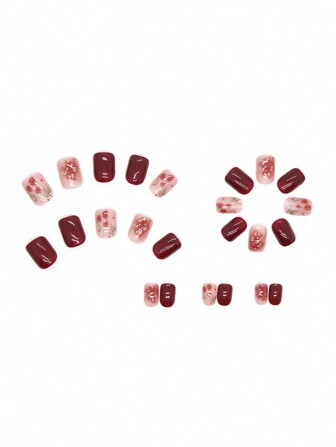 美甲媒体方形短方形指甲压固体凝胶，甜美风格玫瑰图案，闪亮休闲指甲 24（红色）按压指甲美甲用品指甲