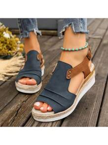 2024年新款女士夏季厚底涼鞋,舒適軟質坡跟,公主風格高跟鞋,魚口鞋 - 藏蓝色 - 查看 2