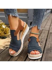 2024年新款女士夏季厚底涼鞋,舒適軟質坡跟,公主風格高跟鞋,魚口鞋 - 藏蓝色 - 查看 5