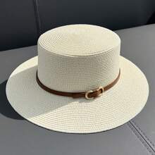 Unisex Flat Top Straw Hat For Sun Protection, Beach Vacation And Outdoor Activities Elegant